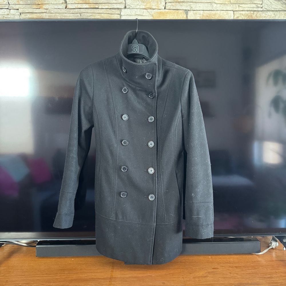 Double breasted black wool coat